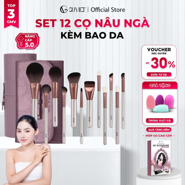 Bộ Cọ Trang Điểm Cá Nhân GUVIET 12 Cây Nâu Ngà Có Bao Da - Ảnh 10