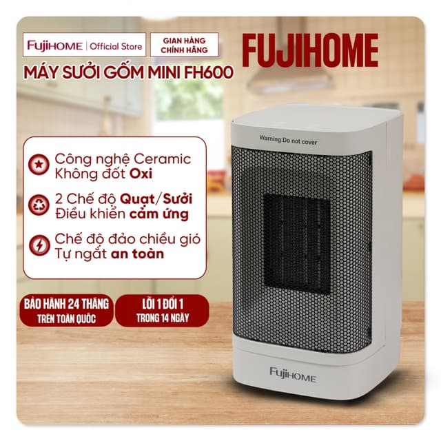 Máy sưởi gốm mini để bàn Fujihome FH600, Quạt sưởi ấm Ceramic không khô da 2 chế độ, an toàn tiết kiệm điện - Ảnh 9