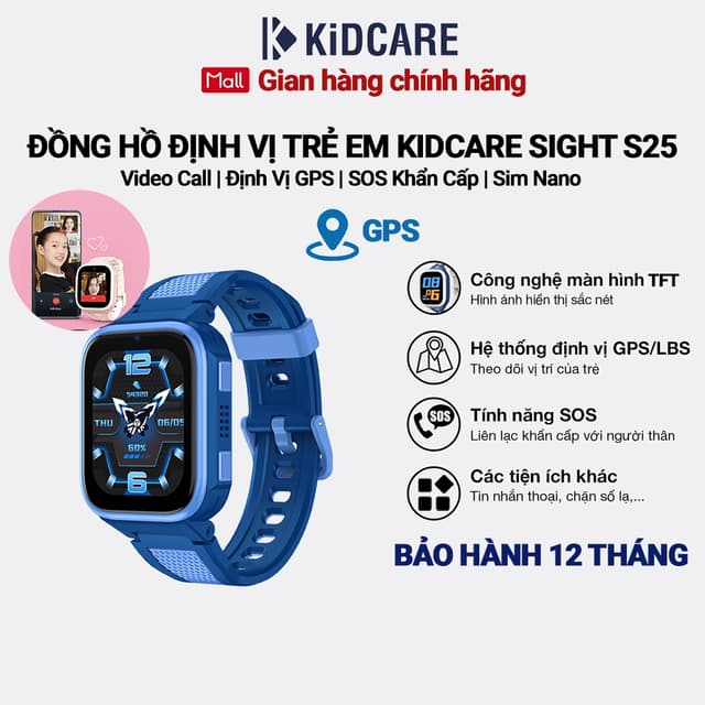 [MỚI RA MẮT] Đồng hồ định vị trẻ em Kidcare Sight S25 gọi video call | Định vị GPS - Màu xanh dương - Ảnh 1