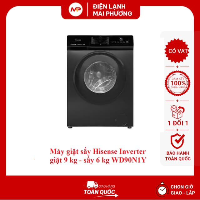 [SHIP TOÀN QUỐC]Máy giặt sấy Hisense Inverter giặt 9 kg - sấy 6 kg WD90N1Y - Ảnh 2