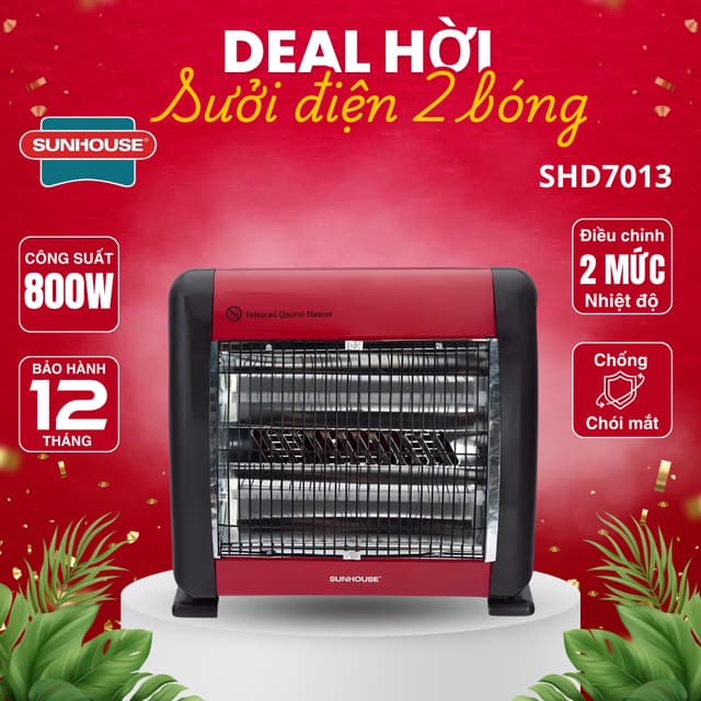 Sưởi điện hồng ngoại SUNHOUSE SHD7013, Công suất lớn 800w, 2 mức điều chỉnh nhiệt độ - BH 12 Tháng - Ảnh 2