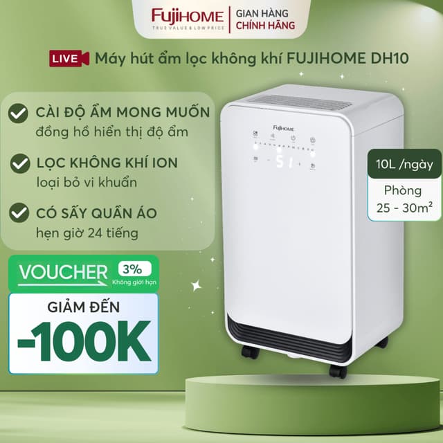 Máy hút ẩm thông minh 10L Nhập Khẩu FUJIHOME DH10 tích hợp lọc không khí Anion, sấy liên tục đa năng dehumidifier - Ảnh 11