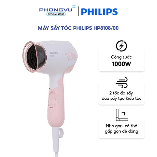 Máy sấy tóc Philips HP8108/00 - Công suất 1000W - Tay cầm gấp gọn - 2 chế độ sấy - Bảo hành 24 tháng - Ảnh 10
