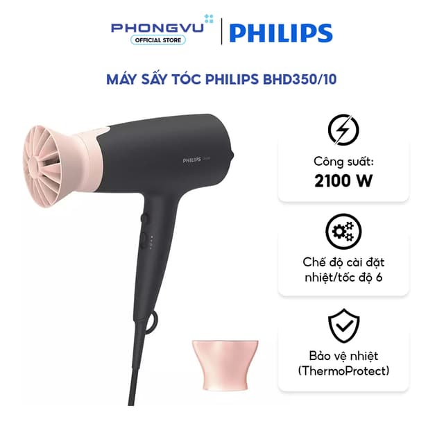 Máy sấy tóc Philips BHD350/10 - 2100W, 6 Chế độ nhiệt/tốc độ, Đầu sấy ThermoProtect - Bảo hành 24T - Ảnh 5