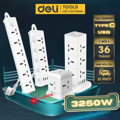 So sánh giá Ổ Cắm Điện 3250W-2500W Tích Hợp Cổng USB TypeC Đa Năng DELI, 2-6 Lỗ Cắm Đầu 3, Dây 2-5M Tiện Dụng, An Toàn,Chống Cháy Nổ rẻ nhất?
