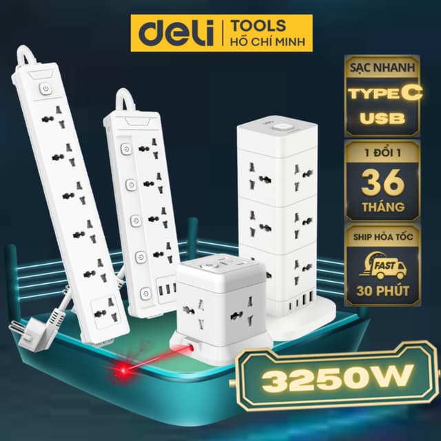 Ổ Cắm Điện 3250W-2500W Tích Hợp Cổng USB TypeC Đa Năng DELI, 2-6 Lỗ Cắm Đầu 3, Dây 2-5M Tiện Dụng, An Toàn,Chống Cháy Nổ - Ảnh 5