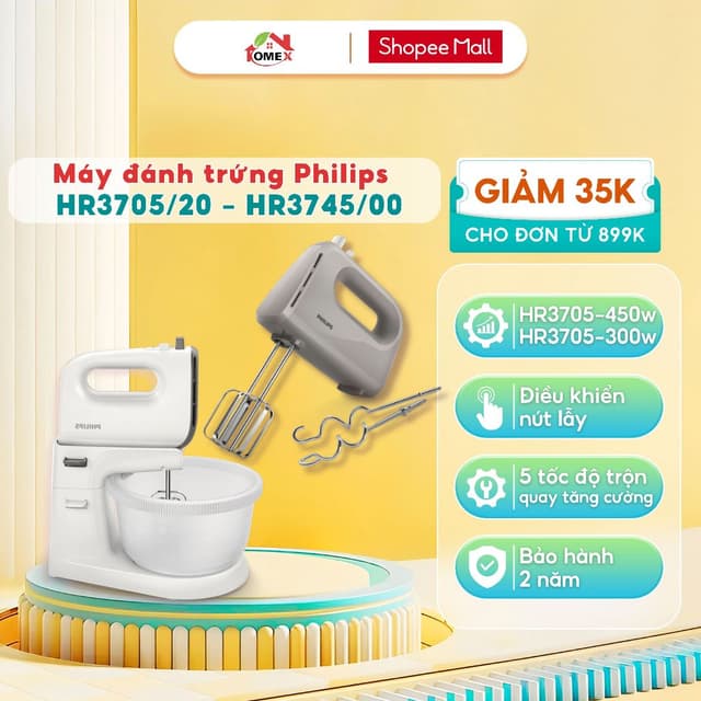 Máy đánh trứng trộn bột Philips HR3705/20 và HR3745/00, 300W, 5 tôc độ trộn, Que trộn thép không gỉ, vỏ nhựa, BH 2 năm - Ảnh 11