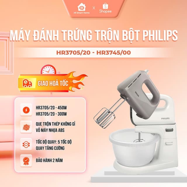 Máy đánh trứng trộn bột Philips HR3705/20 - HR3745/00, 5 tôc độ trộn, Que trộn thép không gỉ, vỏ nhựa, BH 2 năm - Ảnh 6