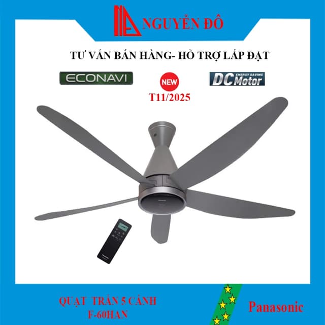 Quạt trần 5 cánh Panasonic F-60HAN động cơ DC công suất 40W màu xám ECONAVI giúp tiết kiệm điện, điều khiển bằng remote. - Ảnh 11