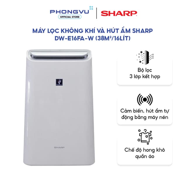 Máy lọc không khí và hút ẩm Sharp DW-E16FA-W - Lọc/Hút Ẩm/Sấy Quần Áo/Khử Mùi,  16 L/Ngày, ≤ 38 m² - Bảo hành 12 tháng - Ảnh 4