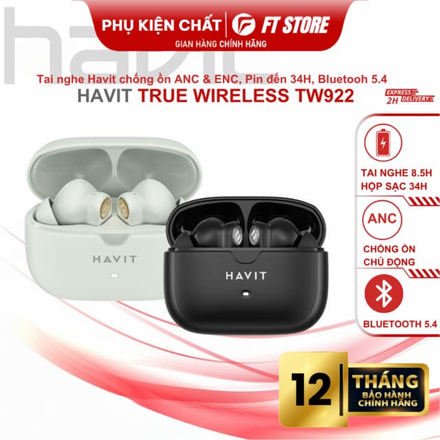 Tai nghe Bluetooth True Wireless Havit TW992 chống ồn chủ động ANC & ENC, pin 34H, âm thanh mạnh mẽ - Ảnh 1