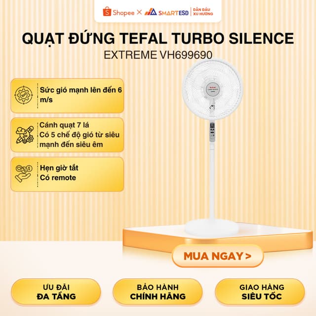 Quạt đứng TEFAL Turbo Silence Extreme VH699690, 7 cánh 60W - Trắng - Bảo Hành 24 tháng - Ảnh 7