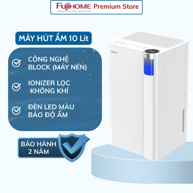 Máy hút ẩm block 10 lít FUJIHOME DH10NEW Lọc không khí Ionizer, công suất 10L, bảo hành toàn quốc - Ảnh 6