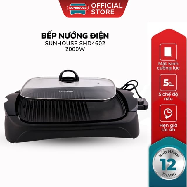 Bếp Nướng Điện Sunhouse SHD4602 - Bảo Hành 12 Tháng, Kèm Nắp Kính Cường Lực, Công Suất 2000W - Ảnh 10