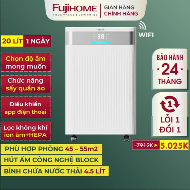 Máy hút ẩm FUJIHOME DH20NW-HEPA cho gia đình - Ảnh 1