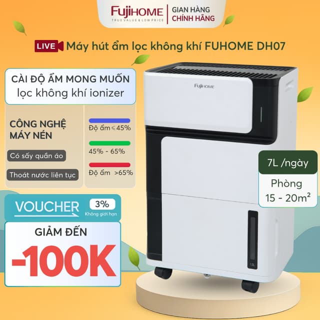 Máy hút ẩm lọc không khí 7L Nhập Khẩu FUJIHOME DH07, máy hút ẩm block 7 lít máy nén sấy quần áo - Ảnh 9