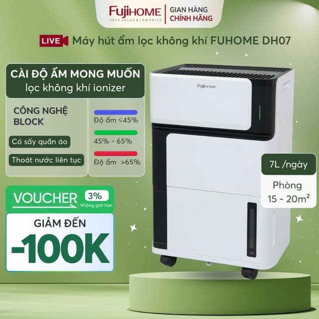 Máy hút ẩm lọc không khí 7L công nghệ block FUJIHOME DH07 máy nén sấy quần áo - Ảnh 8