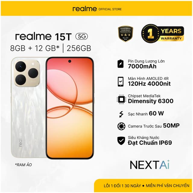 Điện thoại realme 15T 5G 8GB 256GB | AMOLED 6.57” 120Hz | Dimensity 6400 Max | Pin 7000mAh | Sạc nhanh 60W - Ảnh 2