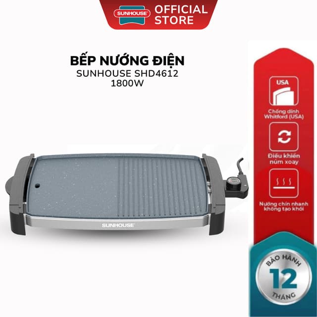 Bếp Nướng Điện Sunhouse SHD4612 - Bảo Hành 12 Tháng, Công Suất 1800W, Diện Tích Mặt Bếp Lớn - Ảnh 2