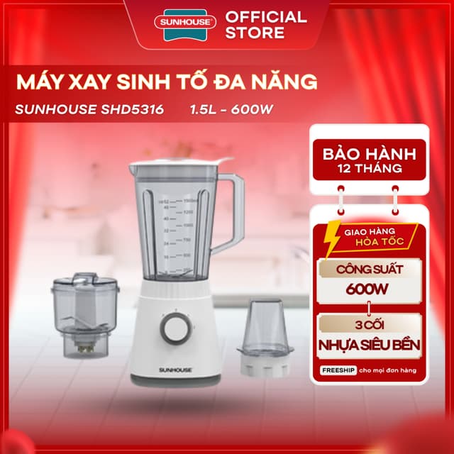 Máy Xay Sinh Tố Đa Năng 1.5L Sunhouse SHD5316 - Bộ 3 Cối Tiện Lợi, Bảo Hành 1 Năm - Ảnh 9