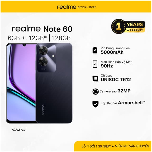 Điện thoại realme Note 60 RAM 6GB ROM 128GB màu Xanh Hải Trình|Đen Vân Đá - Ảnh 8