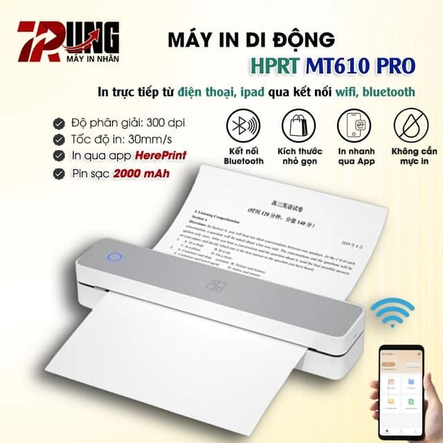 Máy In Di Động HPRT MT610 Pro Bluetooth 5.0 300 DPI Dùng giấy nhiệt Lưu bản in 3 năm Khổ in đa dạng - Ảnh 1
