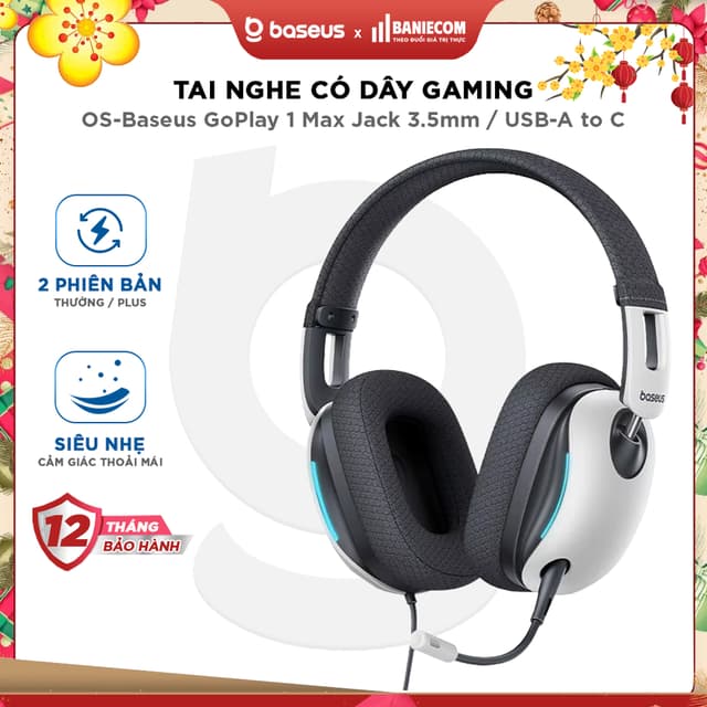 Tai nghe Chụp Tai Gaming Baseus GoPlay 1 Max Gaming Wired Headphones Moon White - dây 2m - Ảnh 6