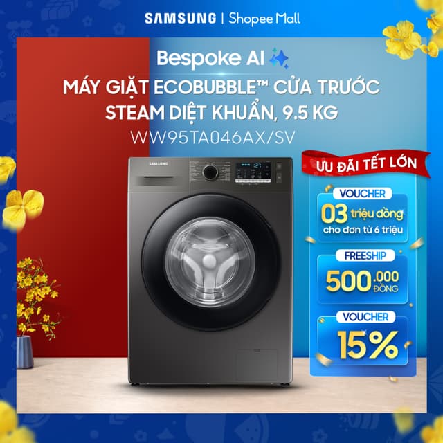 Máy Giặt Samsung Cửa Trước 9.5 kg WW95TA046AX/SV -  Giặt Hơi Nước Diệt Khuẩn, màu Inox - Ảnh 12