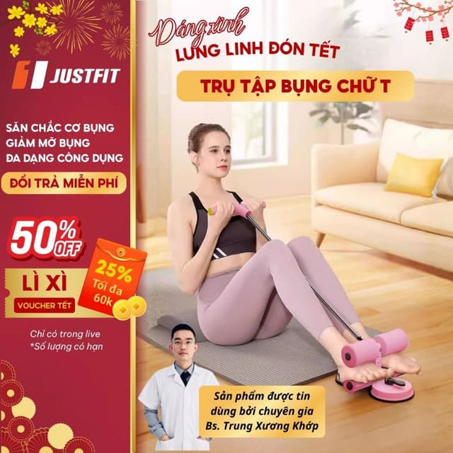 Dụng Cụ Tập Cơ Bụng Nâng Cấp Tại Nhà Đế Hút Chân Không Trụ Chữ T Kèm Dây Kéo Đàn Hồi 4 Ống JUSTFIT - Ảnh 8