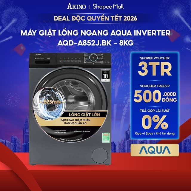Máy giặt Lồng Ngang Aqua Inverter 8.5 kg AQD-A852J.BK - Hàng Chính Hãng - Ảnh 2