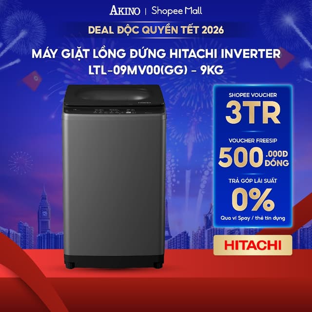 Máy giặt Lồng Đứng Hitachi Inverter 9 Kg LTL-09MV00-GG - Hàng Chính Hãng - Ảnh 1
