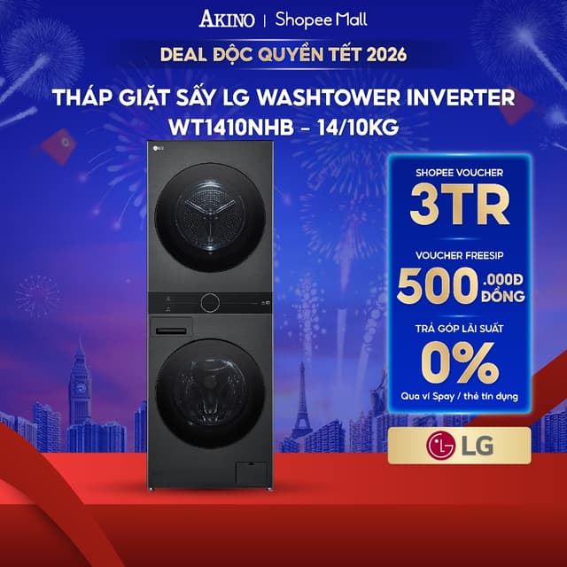 Tháp giặt sấy Lồng Ngang LG WashTower Inverter giặt 14 kg - sấy 10 kg WT1410NHB - Hàng Chính Hãng - Ảnh 1