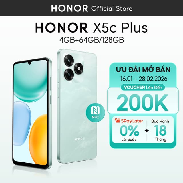[NEW] Điện Thoại Honor X5c Plus 4GB + 64/128GB | Pin 5260mAh | Media Tek Helio G81 | Bảo hành 18 Tháng - Ảnh 2