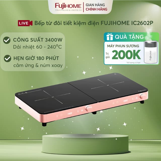 Bếp từ đôi cảm ứng núm xoay FUJIHOME IC2602P, bếp từ 2 vùng nấu mặt kính chịu lực chịu nhiệt 3400W - Ảnh 7