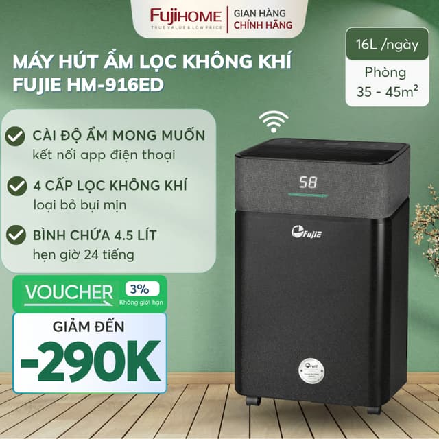 Máy hút ẩm FUJIE HM-916ED 16 Lít lọc không khí 45m2 kiểm soát ẩm mùa nồm cho gia đình dùng app mini - Ảnh 12