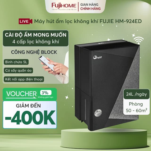 Máy hút ẩm gia đình chống ẩm mốc 24L/ngày FUJIE HM-924ED lọc không khí, hút ẩm nhanh qua app wifi - Ảnh 7