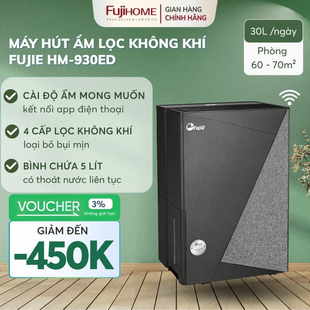Máy hút ẩm 70m2 FUJIE HM-930ED 30 Lít lọc không khí kiểm soát ẩm mùa nồm cho gia đình dùng app mini - Ảnh 1