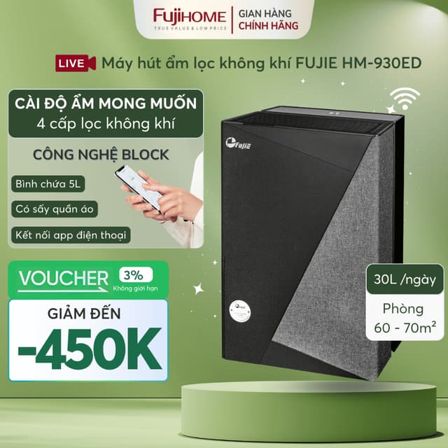 Máy hút ẩm gia đình chống ẩm mốc 30L/ngày FUJIE HM-930ED lọc không khí, hút ẩm nhanh qua app wifi - Ảnh 5
