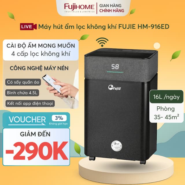 Máy hút ẩm 45m2 lọc không khí bụi mịn 16L FUJIE HM-916ED, chống mốc phòng ngủ wifi tiết kiệm điện - Ảnh 10