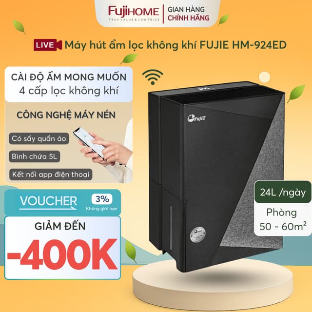 Máy hút ẩm 60m2 lọc không khí bụi mịn 24L FUJIE HM-924ED, chống mốc phòng ngủ wifi tiết kiệm điện - Ảnh 8