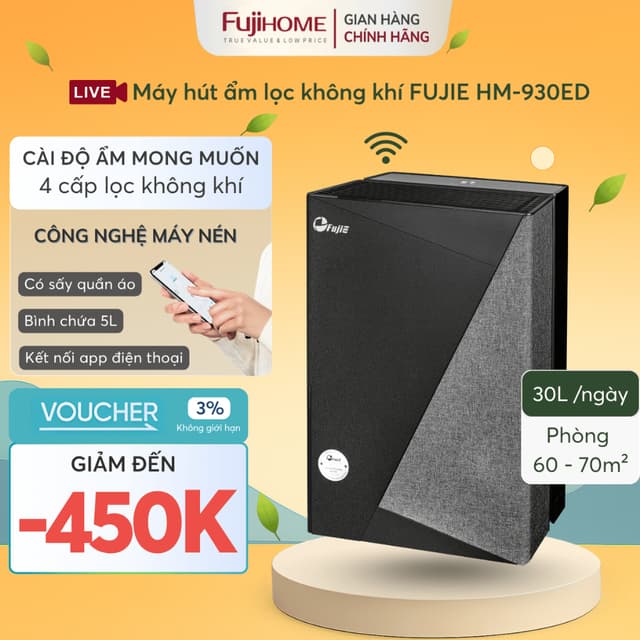 Máy hút ẩm 70m2 lọc không khí bụi mịn 30L FUJIE HM-930ED, chống mốc phòng làm việc wifi tiết kiệm - Ảnh 11