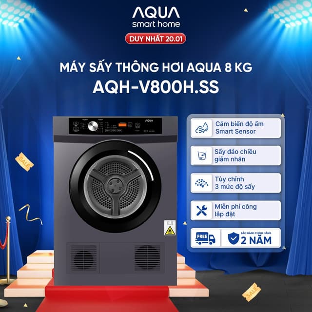 [SALE SỐC] Máy sấy thông hơi Aqua 8 kg AQH-V800H.SS - Freeship toàn quốc - Bảo hành 2 năm - Giao sau 5 - 7 ngày - Ảnh 1