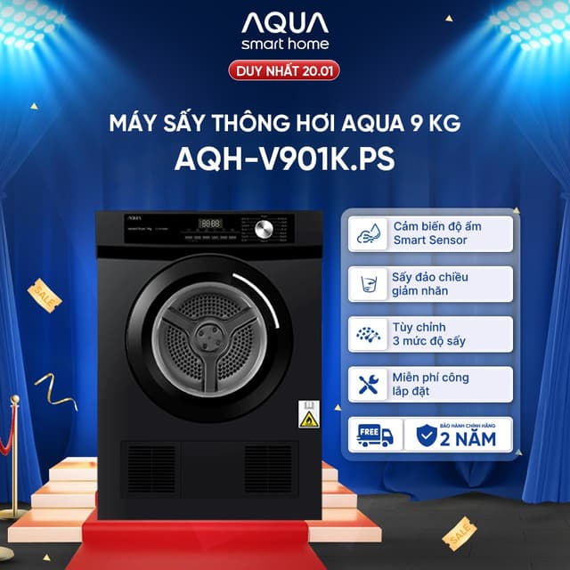 Máy sấy thông hơi Aqua 9 kg AQH-V901K PS - Freeship toàn quốc - Bảo hành 2 năm - Giao sau 5 - 7 ngày - Ảnh 2