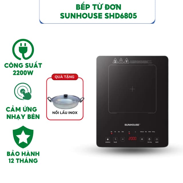Bếp Từ Đơn Cảm Ứng SUNHOUSE SHD6805 - Công Suất 2000W, Kèm Nồi Lẩu 28cm, Bảo Hành Chính Hãng 1 Năm - Ảnh 6