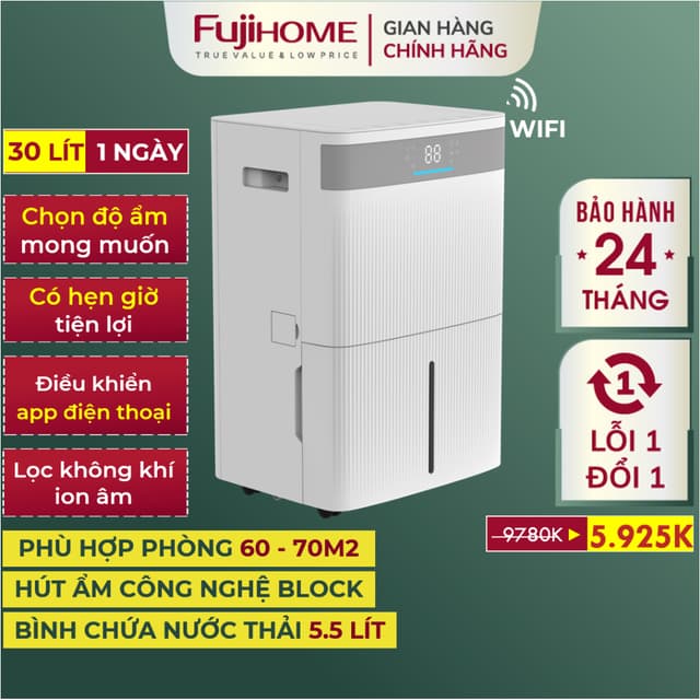 Máy hút ẩm 30L FUJIHOME Nhập Khẩu DH30NW, Máy hút ẩm công nghệ máy nén có lọc không khí Ionizer - Ảnh 9