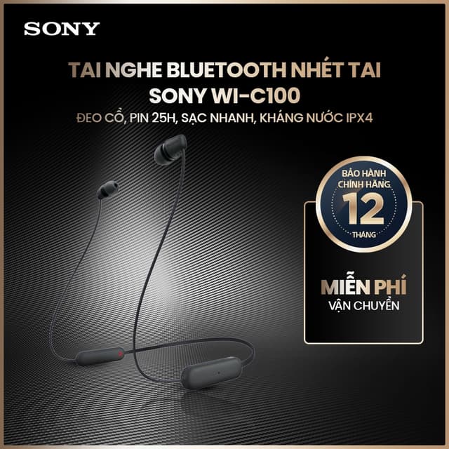 Tai nghe bluetooth nhét tai Sony WI-C100 đeo cổ, pin 25h, sạc nhanh, kháng nước IPX4 - Ảnh 4