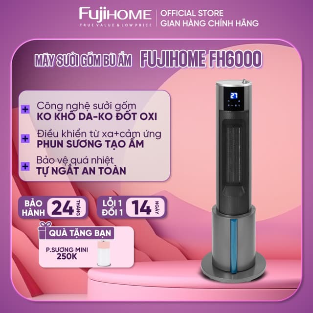 Máy sưởi gốm cao cấp bù ẩm không khô da 2200W FUJIHOME FH6000, quạt sưởi ceramic điều khiển từ xa cài đặt nhiệt độ - Ảnh 4