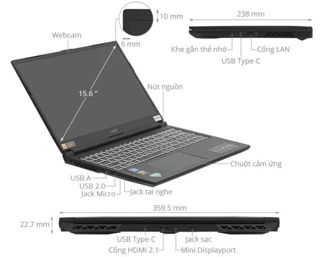 Laptop Acer Gaming Aspire 7 A715 59G 73LB - NH.QX6SV.002 (i7 12650H, 16GB, 512GB, RTX 3050 6GB, Full HD 144Hz, Win11) - 15