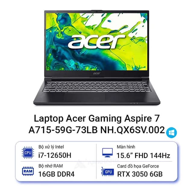Laptop Acer Gaming Aspire 7 A715 59G 73LB - NH.QX6SV.002 (i7 12650H, 16GB, 512GB, RTX 3050 6GB, Full HD 144Hz, Win11) - 8