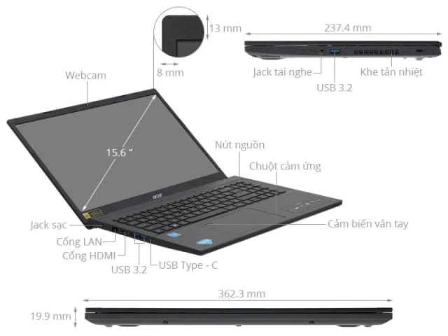 Laptop Acer Aspire 7 A715 76 53PJ - NH.QGESV.007 (i5 12450H, 16GB, 512GB, Full HD, Win11) - 14